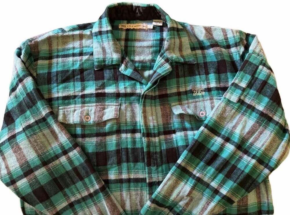 US Versus Them Plaid Flannel Button Up Shirt Teal Brown Size L